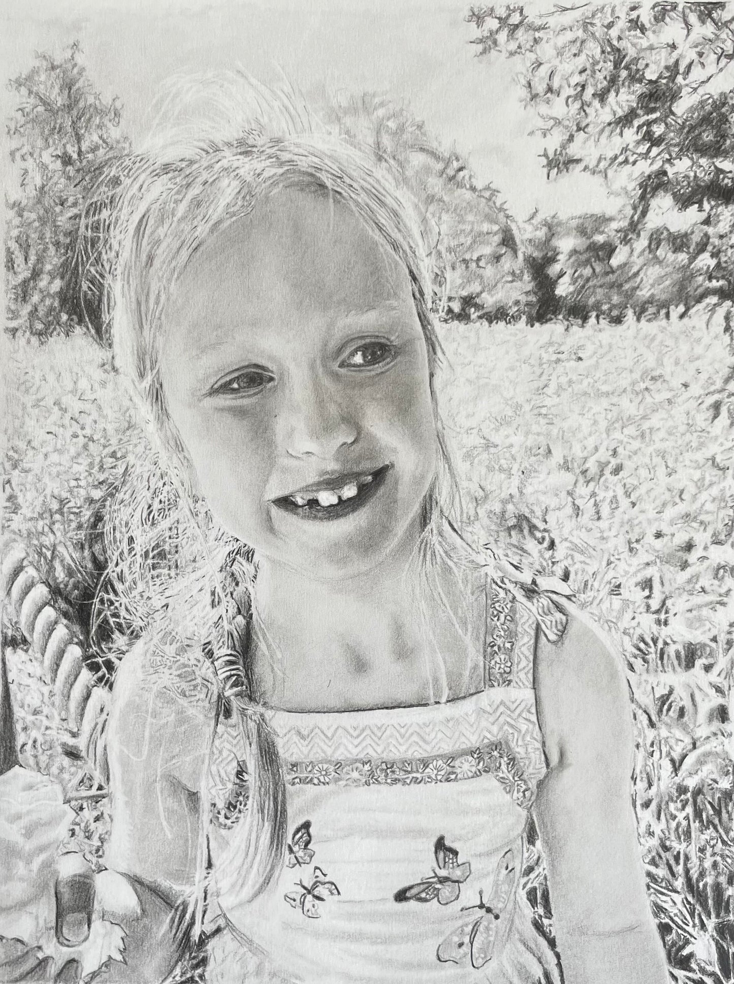 Graphite pencil drawing: A4 single face with complex background