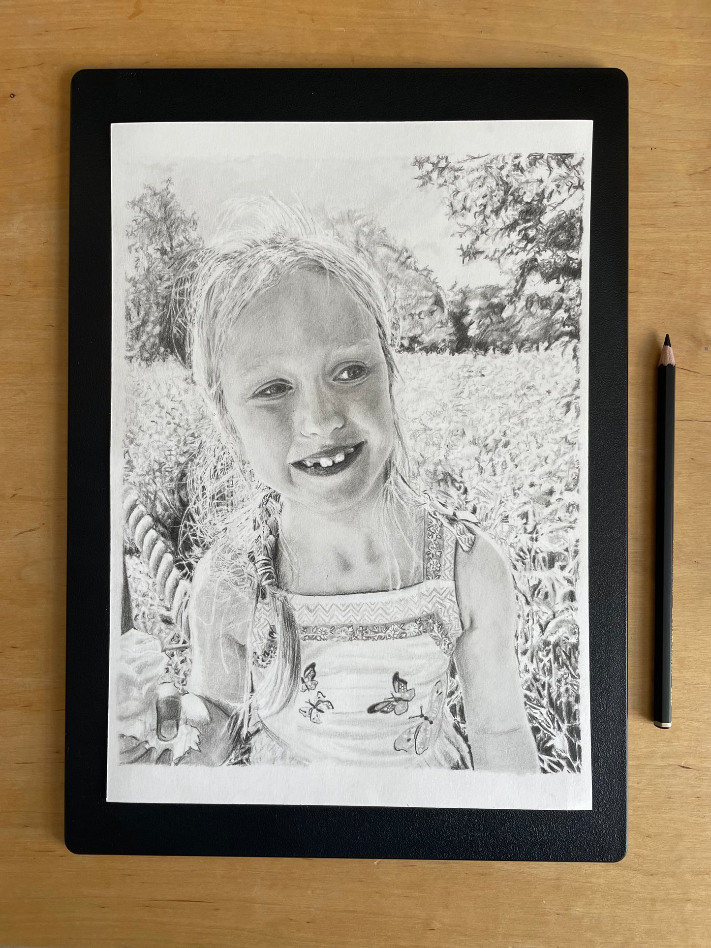Graphite pencil drawing: A4 single face with complex background